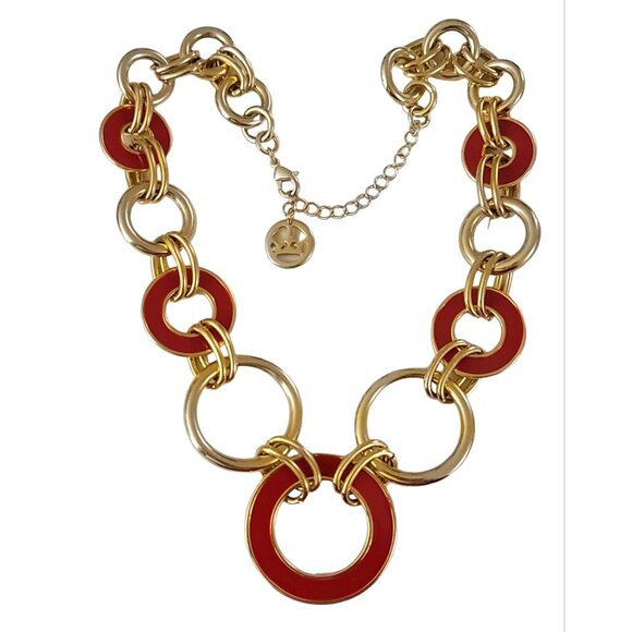 Trifari Gold Tone Red Enamel Open Round Chain Rings Link Necklace 18" Long, K532 - Picture 1 of 6
